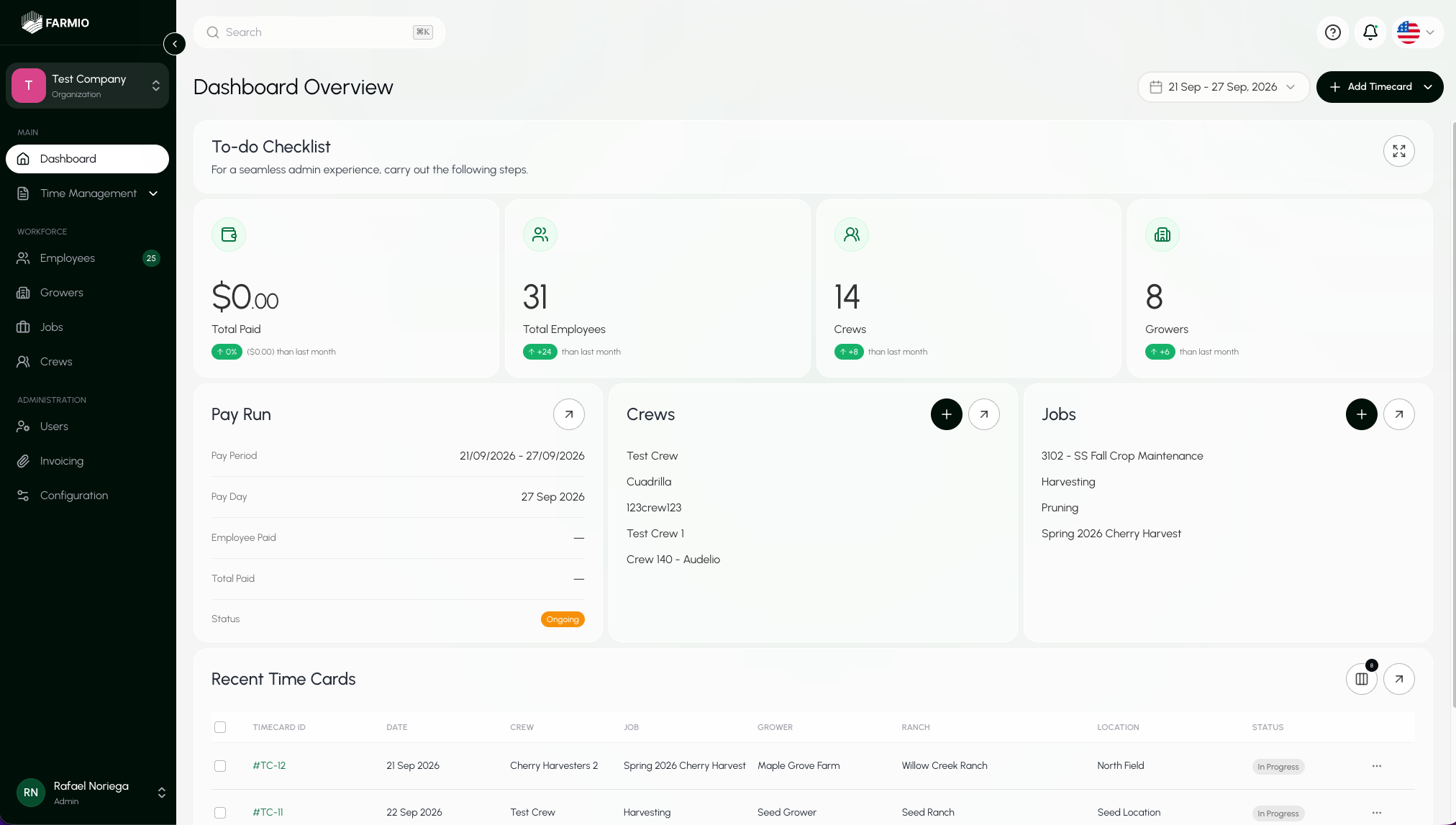 Farmio admin dashboard showing crews, jobs, pay run, and recent time cards