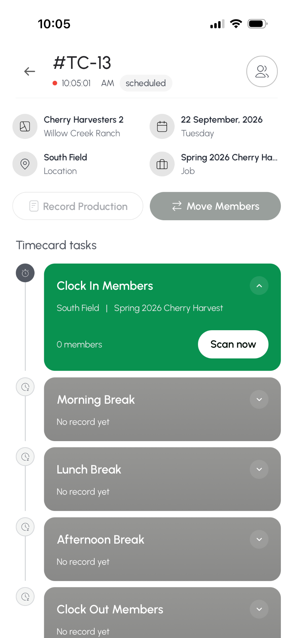 Farmio mobile timecard workflow with crew, location, job, clock in, breaks, lunch, and clock out